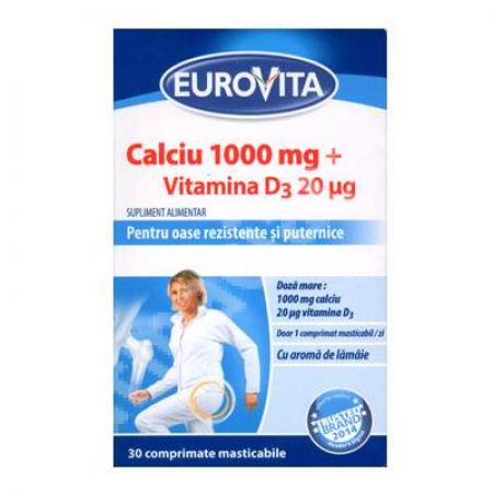 Calciu 1000mg + Vitamina D3 20ug, 30 comprimate, Eurovita