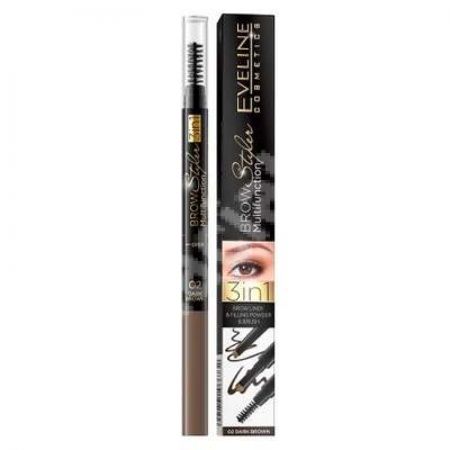 Creion multifunctional pentru sprancene 3 in 1 Brow Styler, 02 Dark Brown, Eveline Cosmetics
