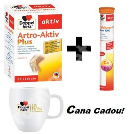Pachet Artro-Aktiv Plus pentru ligamente, 60 capsule + Calciu Vitamina D3 Osteo 1000, 15 comprimate, Doppelherz