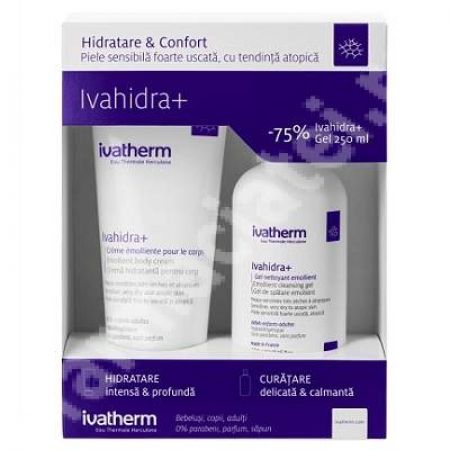 Pachet Crema hidratanta pentru corp Ivahidra +, 200 ml + Gel spumant piele sensibila Ivahidra+, 250 ml, Ivatherm