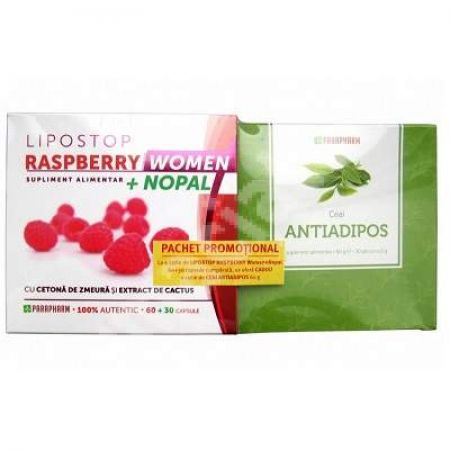Pachet Lipostop Raspberry Women + Nopal pentru femei, 90 capsule, Parapharm + Ceai antiadipos, 30 plicuri, Parapharm
