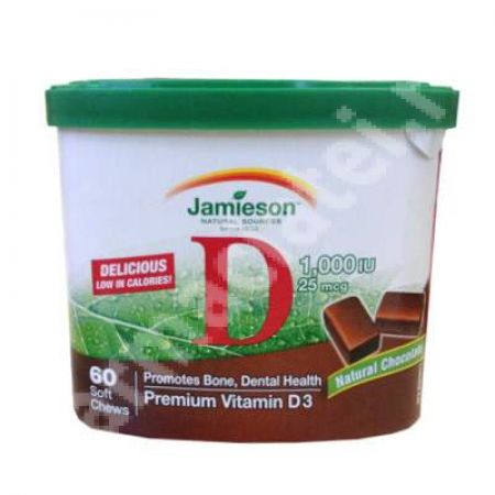 Vitamina D3 1000UI cu aroma de ciocolata, 60 bucati, Jamieson