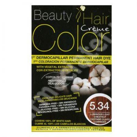 Vopsea de par cu extracte vegetale si bumbac Luminous Light Chestnut, Nuanta 5.34, 160 ml, Beauty Hair Color