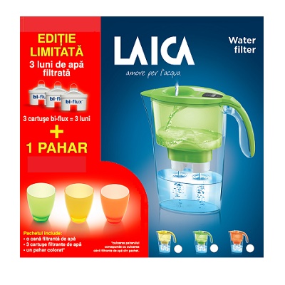 Pachet Cana Laica + 3 filtre Bi-flux + pahar colorat de colectie (J998E01), Laica
