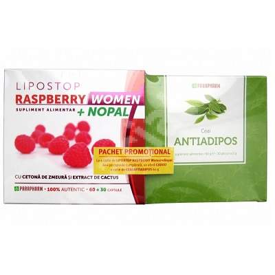 Pachet Lipostop Raspberry Women + Nopal pentru femei, 90 capsule, Parapharm + Ceai antiadipos, 30 plicuri, Parapharm