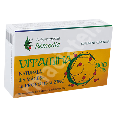 Vitamina C din macese cu propolis si zinc naturala 300mg, 20 comprimate masticabile, Remedia