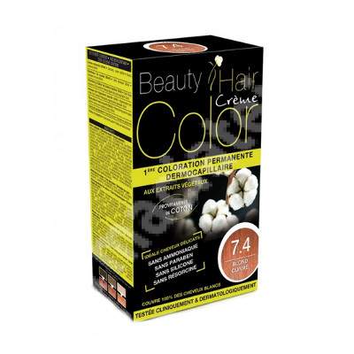 Vopsea de par cu extracte vegetale si bumbac Blond Cuivre, Nuanta 7.4, 160 ml, Beauty Hair Color