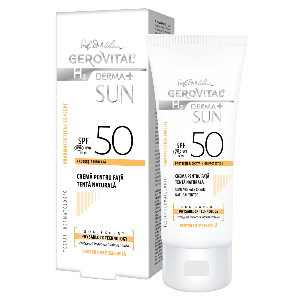 Crema de protectie solara pentru fata cu SPF 50 H3 Derma+ Sun, Tenta Naturala, 150 ml, Gerovital