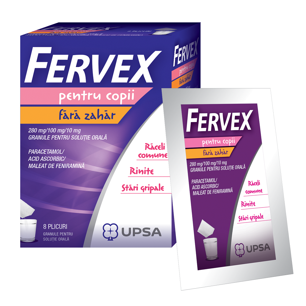 Fervex 280mg/100 mg/10 mg , pentru copii, 8 plicuri, Upsa