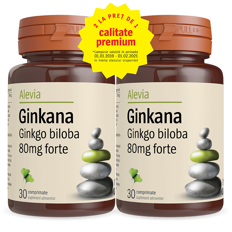 Pachet Ginkana Ginko Biloba Forte 80mg, 30 comprimate, Alevia (1+1)
