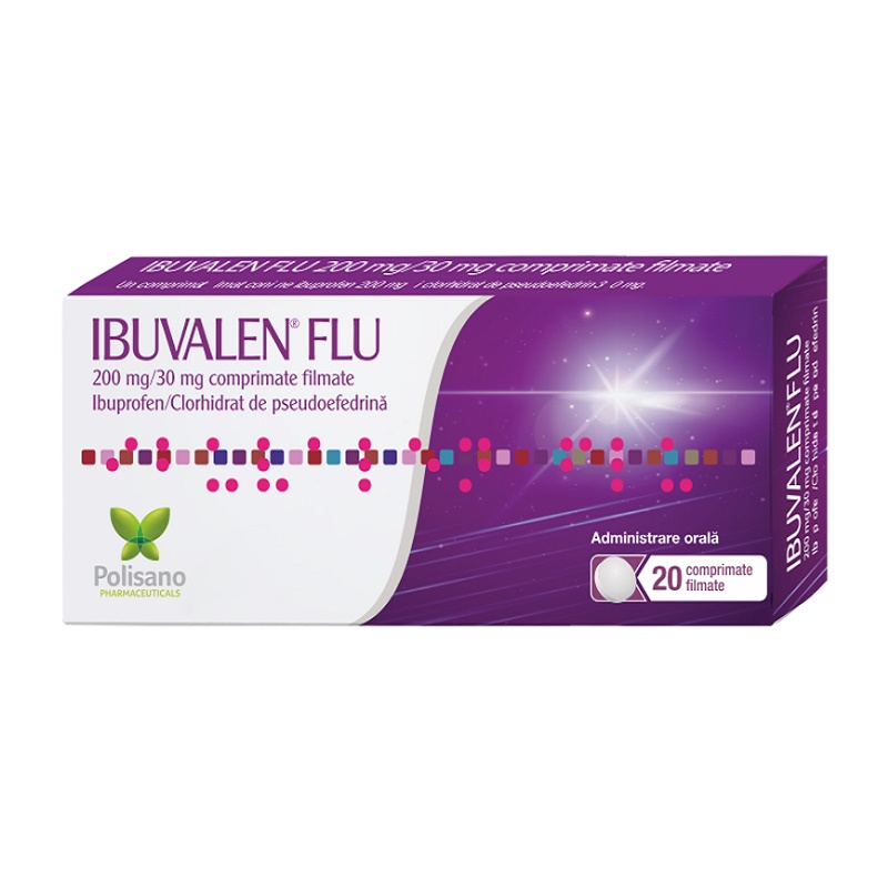 Ibuvalen Flu, 200 mg/30 mg, 20 comprimate filmate, Polisano