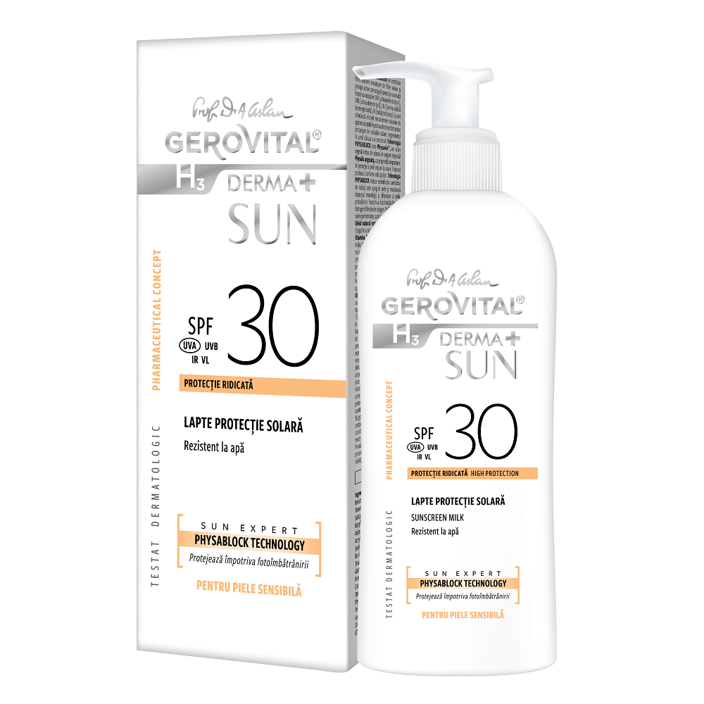 Lapte de protectie solara cu SPF 30 H3 Derma+ Sun, 150 ml, Gerovital