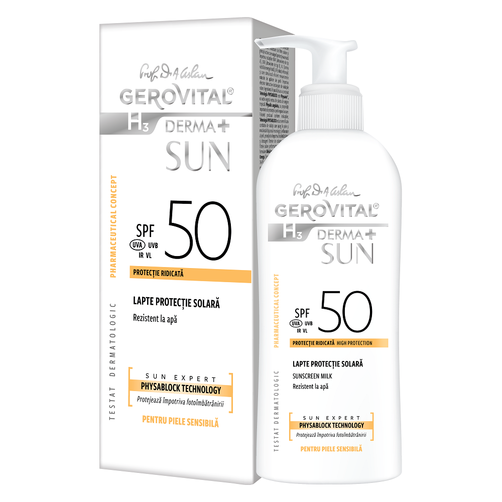 Lapte de protectie solara cu SPF 50 H3 Derma+ Sun, 150 ml, Gerovital