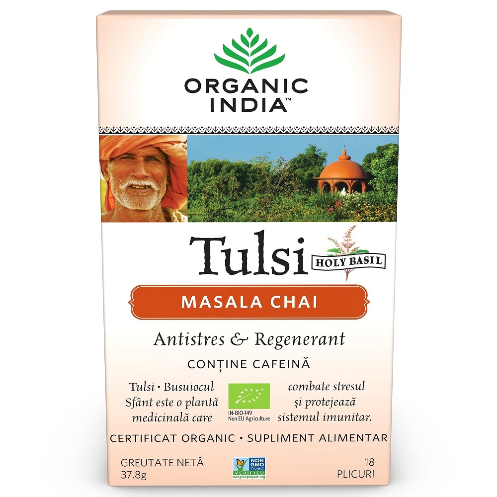 Ceai Bio Tulsi Masala Chai Relaxant si Regenerant, 18 plicuri, Organic India