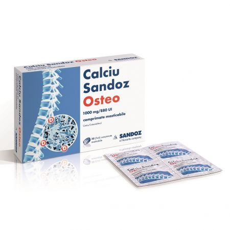 Calciu Sandoz Osteo, 1000 mg/880 UI, 30 comprimate masticabile, Sandoz