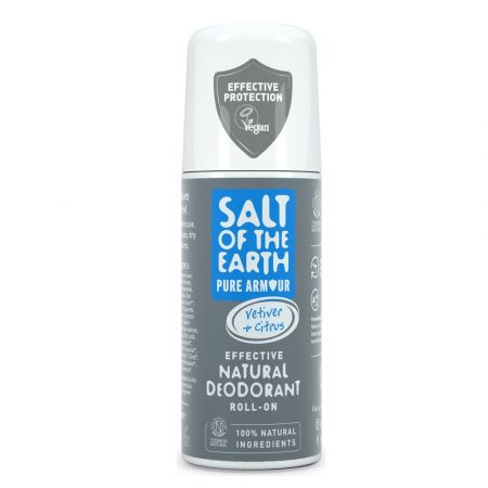 Deodorant vegan roll-on pentru barbati cu vetiver si citrice Salt Of The Earth Pure Armour, 75 ml, Crystal Spring