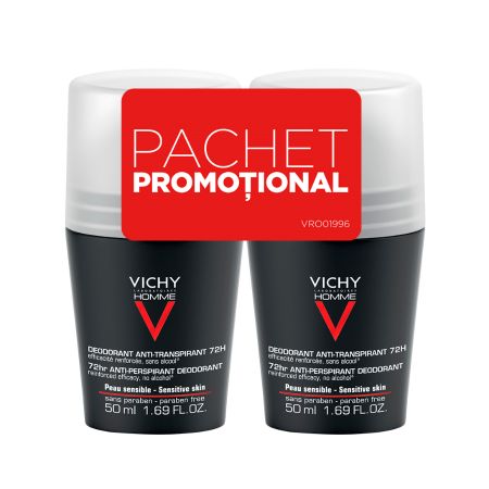 Pachet Deodorant roll-on antiperspirant control extrem pentru barbati eficacitate 72h, 50 ml + 50 ml, Vichy
