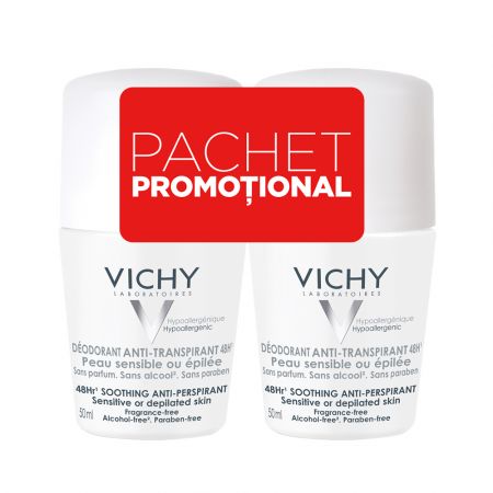 Pachet Deodorant roll-on antiperspirant fara parfum 48h, 50 ml + 50 ml, Vichy