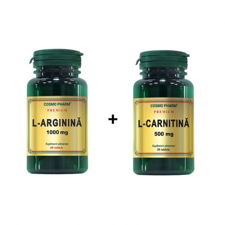 Pachet Premium L-arginina 1000 mg, 60 tablete + Premium L-Carnitina 500 mg, 30 tablete, Cosmopharm