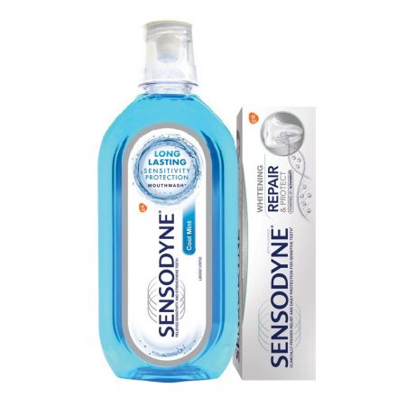 Pachet Pasta de dinti Repair & Protect Whitening Sensodyne, 75 ml + Apa de gura Sensitivity Protection Sensodyne, 500 ml, Gsk