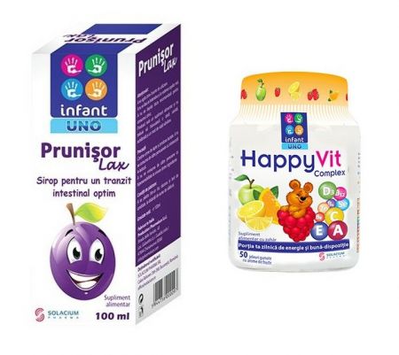 Prunisor Lax Sirop Infant Uno, 100 ml + Happyvit Complex Infant Uno, 50 jeleuri, Solacium Pharma