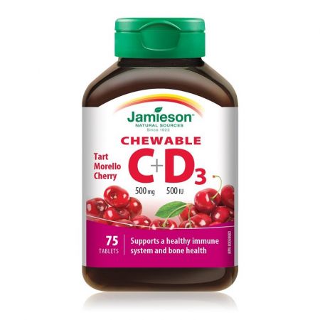 Vitamina C 500 mg + Vitamina D3 500 UI cu aroma de cirese, 75 comprimate masticabile - Jamieson