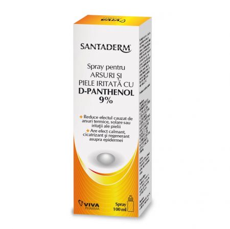 Spray pentru arsuri si piele iritata cu D-Panthenol 9% Santaderm, 100 ml, Viva Pharma