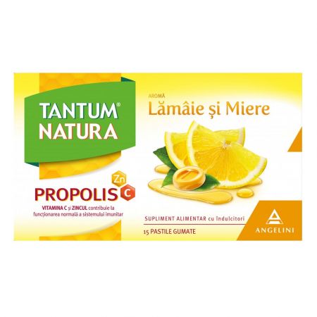 Tantum Natura cu Lamaie si Miere + Propolis, Vitamina C si ZN, 15 pastile gumate,  Angelini