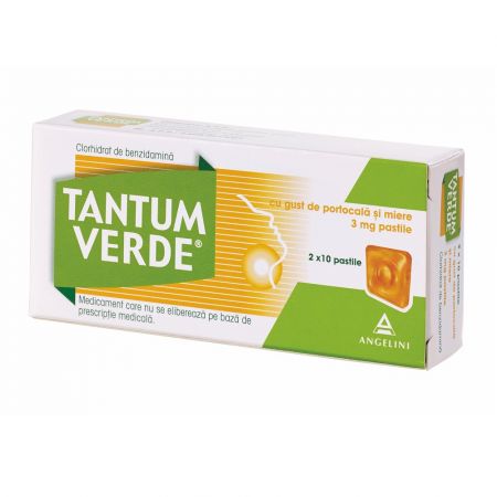 Tantum Verde cu aroma de portocale si miere, 3 mg, 20 pastile, Angelini
