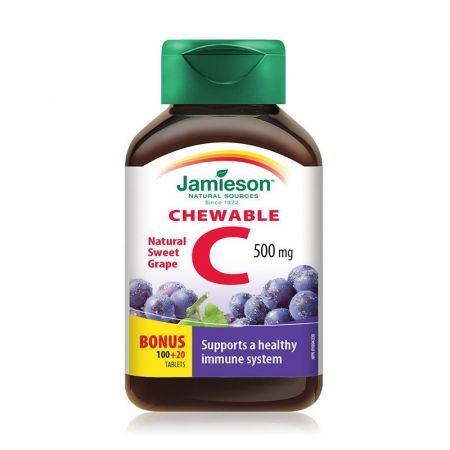 Vitamina C 500 mg aroma de struguri, 120 comprimate masticabile, Jamieson