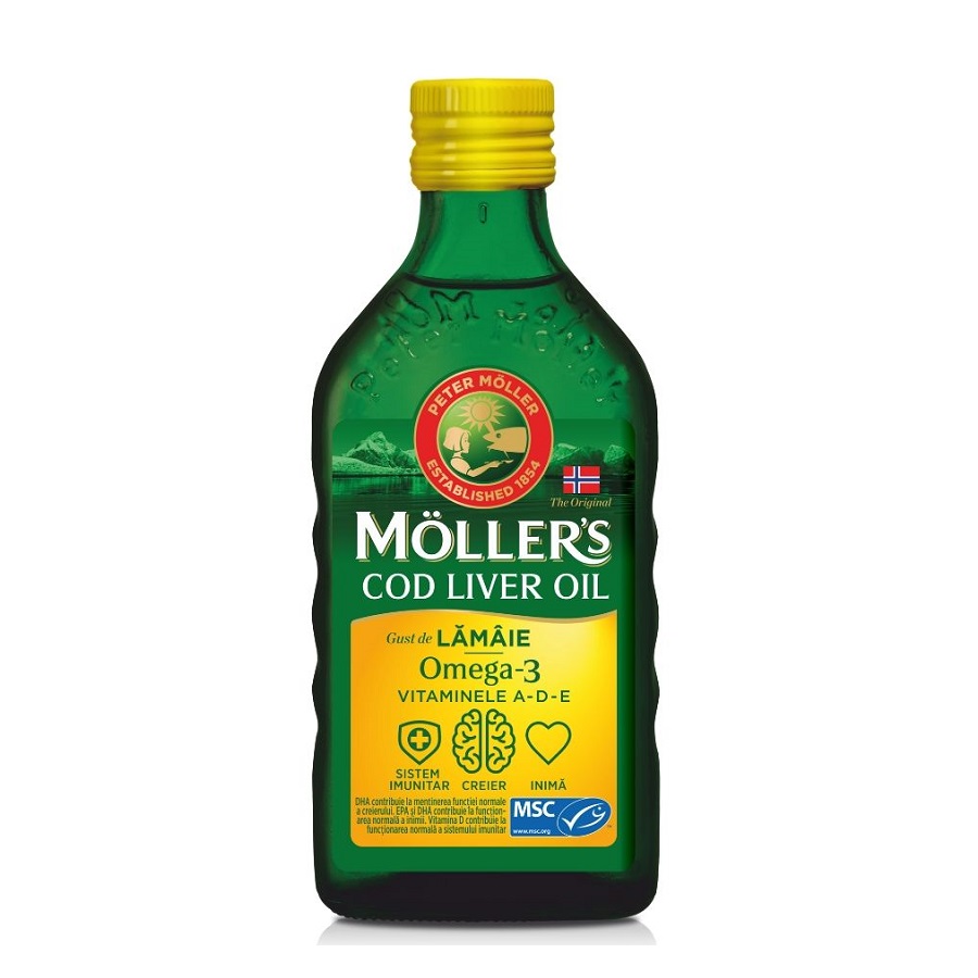 MOLLERS Ulei din ficat de cod Omega 3 Vitamina A-D-E, aroma mere verzi, 250 ml, Mollers