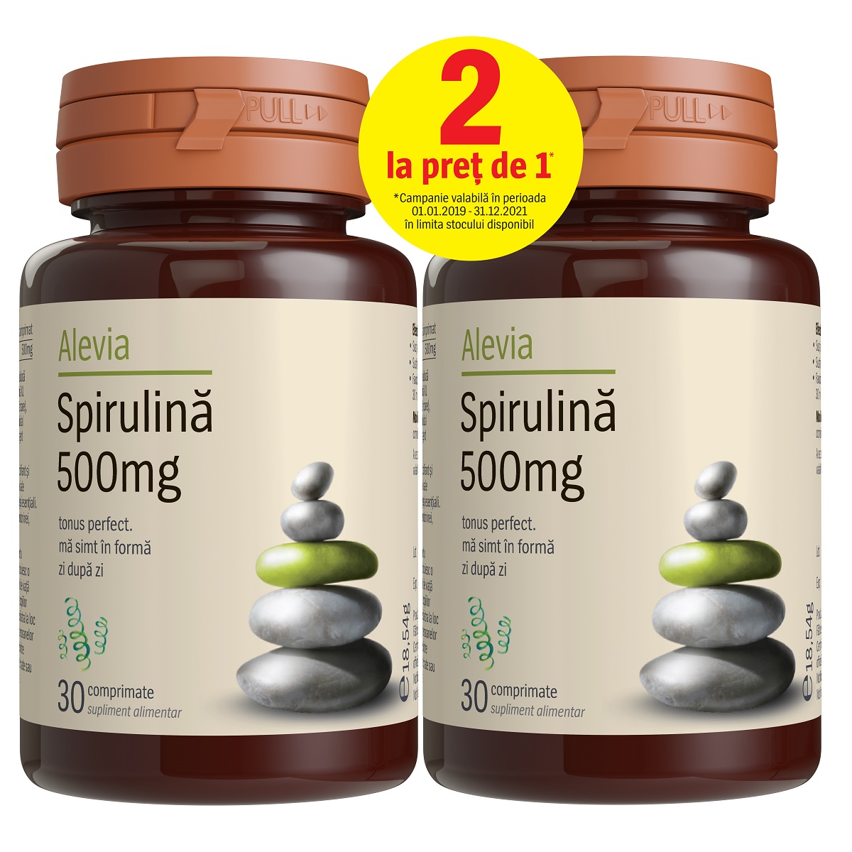 Pachet Spirulina 500 mg, 30 comprimate, Alevia (1+1)