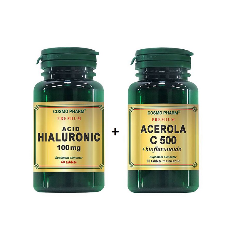 Pachet Acid hialuronic 100 mg, 60 tablete + Acerola C 500 mg + bioflavonoide, 20 tablete, Cosmopharm