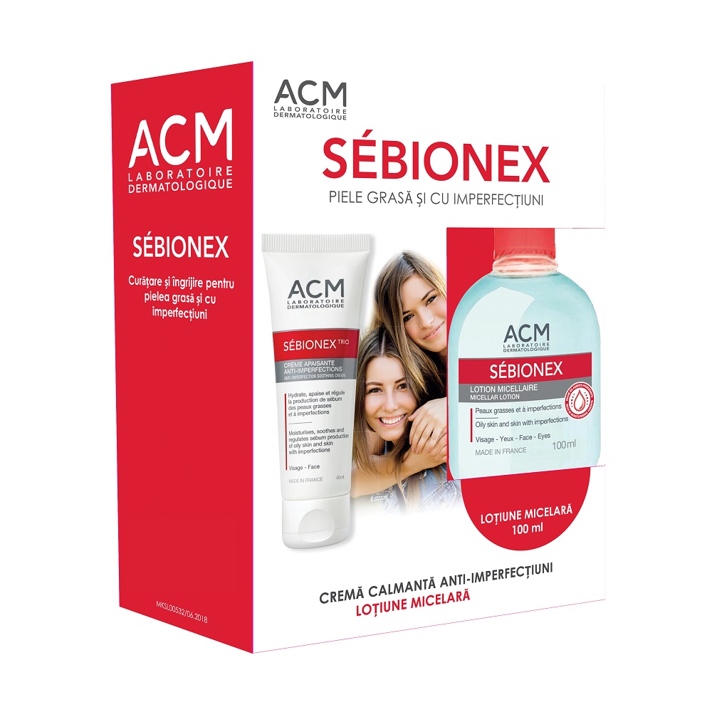 Pachet Crema calmanta anti-imperfectiuni Sebionex Trio, 40 ml + Lotiune micelara Sebionex, 100 ml, Acm