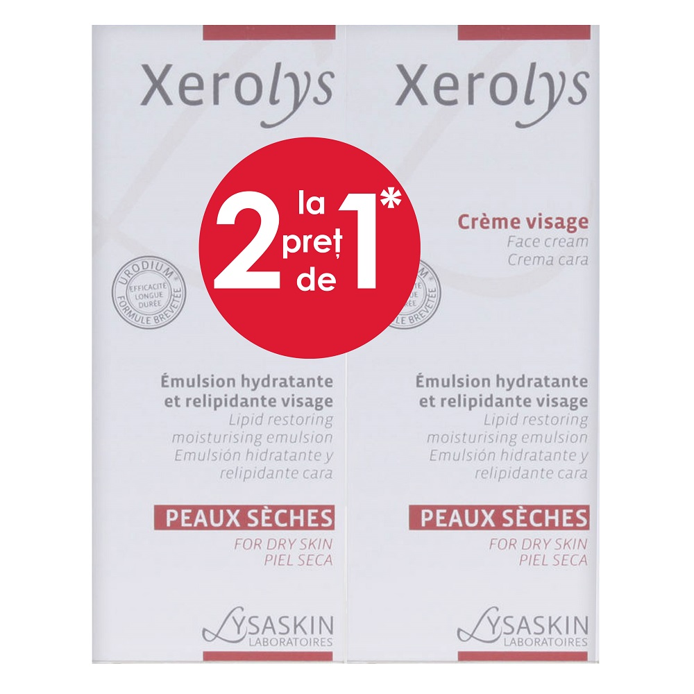 Pachet Emulsie hidratanta si relipidifianta pentru fata Xerolys, 50 ml + 50 ml, Lab Lysaskin