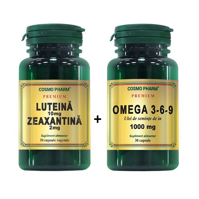 Luteina 10 mg Zeaxantina 2 mg, 60 capsule + Omega 3-6-9 Ulei din seminte de in 1000 mg, 30 capsule, Cosmopharm