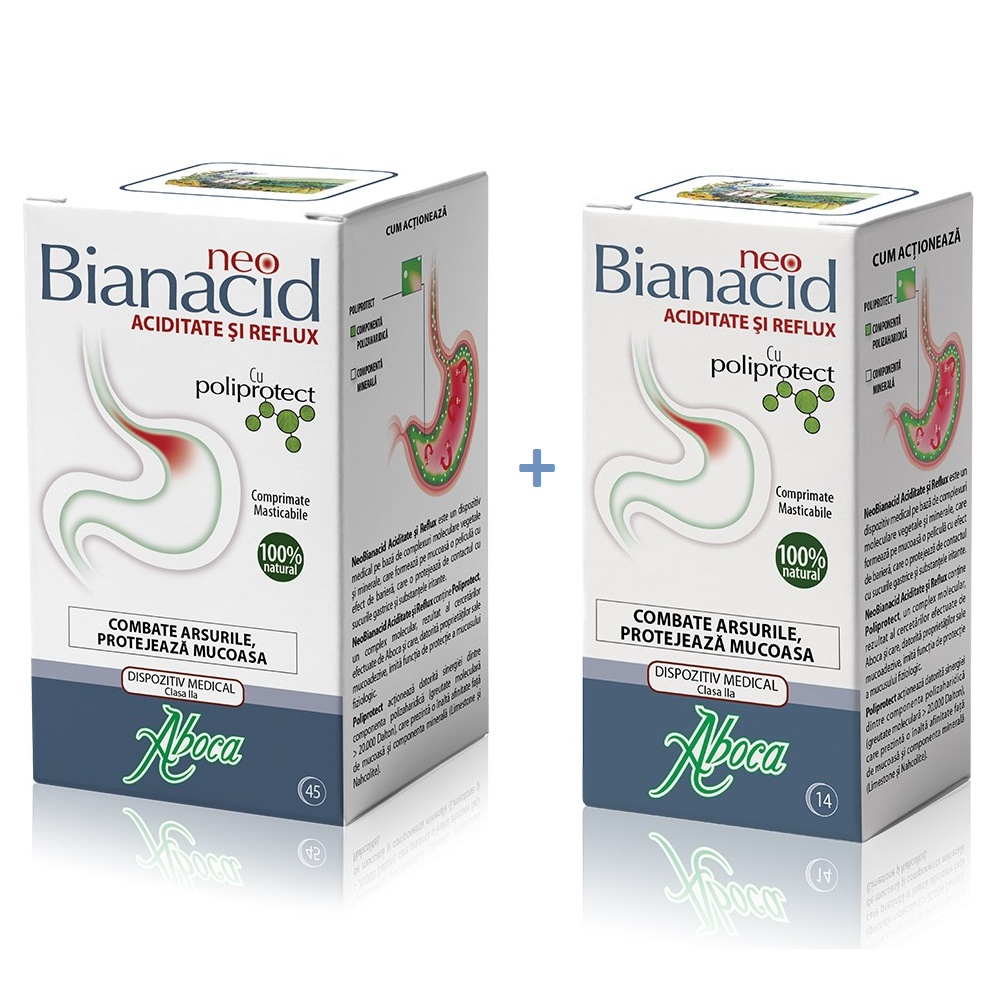 NeoBianacid cu poliprotect pentru aciditate si reflux, 45 comprimate + 14 comprimate, Aboca