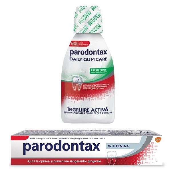 Pachet Pastă de dinți Whitening Parodontax, 75 ml + Apa de gura fara alcool Daily Gum Care Fresh Mint Parodontax, 300 ml, Gsk