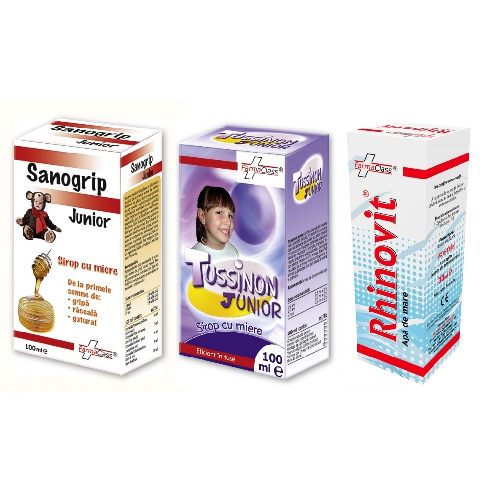 Pachet Sanogrip Junior, 100 ml + Tussinon Junior, 100 ml + Rhinovit, 30 ml, FarmaClass