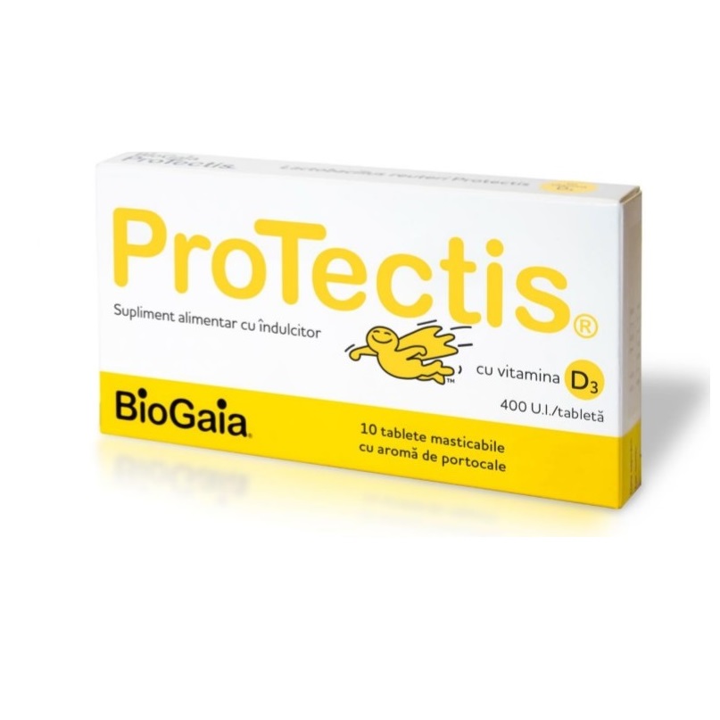 Protectis cu vitamina D3 aroma de portocale, 400 UI, 10 tablete masticabile, BioGaia