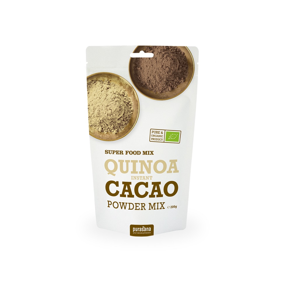 Publere Bio de quinoa cu cacao si lucuma, 200 g, Purasana