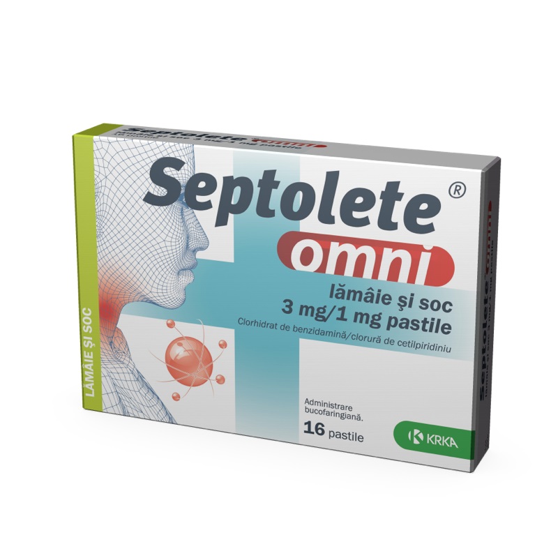 Septolete omni lamaie si soc, 3 mg/1 mg, 16 pastile, Krka