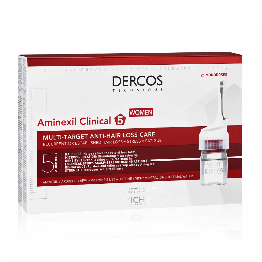 Tratament impotriva caderii parului pentru femei cu Aminexil Dercos Clinical 5, 21 fiole x 6 ml, Vichy
