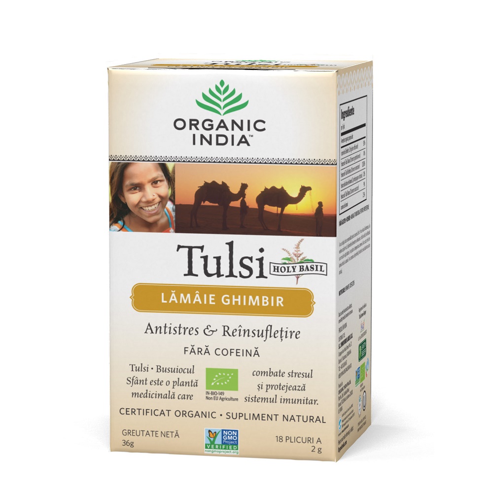 Ceai Bio Lamaie si Ghimbir Tulsi, 18 plicuri, Organic India