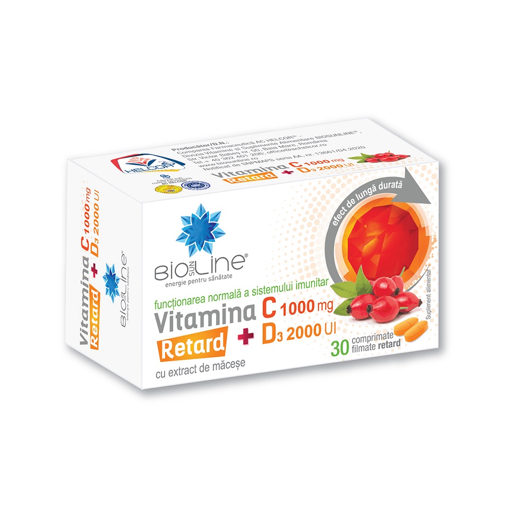Vitamina C cu D3 2000 UI Retard, 1000 mg, 30 comprimate, Helcor