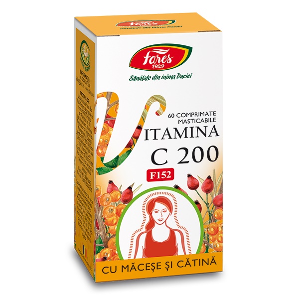 Vitamina C 200 mg cu Macese si Catina, F152, 60 comprimate masticabile, Fares
