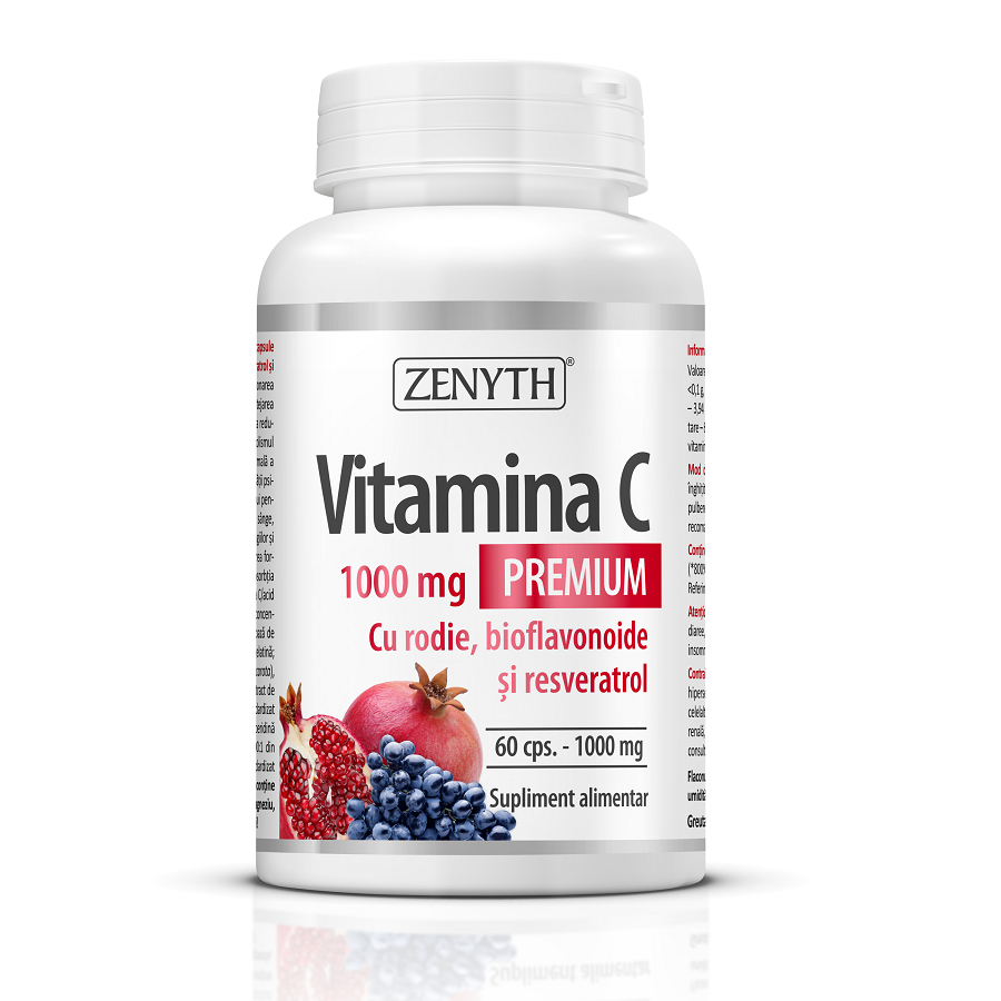 Vitamina C Premium cu rodie, bioflavonoide si resveratrol 1000 mg, 60 capsule, Zenyth